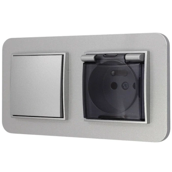 Włącznik pojedynczy z gniazdem hermetycznym z ramką zaokrągloną seria MINI kolor srebrny