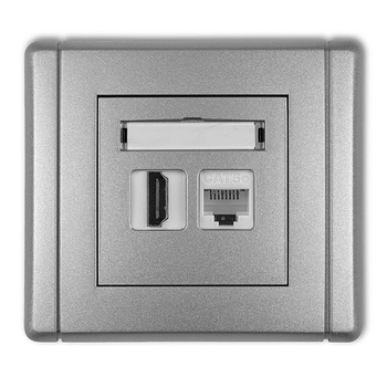 Gniazdo pojedyncze HDMI 2.0, 4K + gniazdo komp. poj. 1xRJ45, kat. 5e, 8-stykowe Karlik seria FLEXI 7FGHK-45e kolor srebrny metalik
