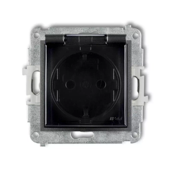 Mechanizm gniazda bryzgoszczelnego z uziemieniem SCHUKO 2P+Z klapka dymna, przesłony torów prądowych Karlik seria MINI 11MGPB-1sdp kolor grafitowy