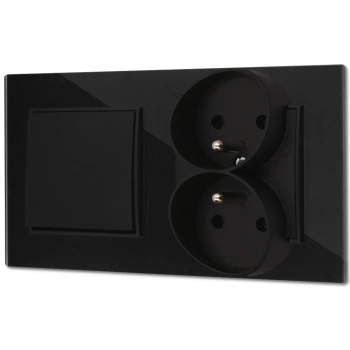 Włącznik pojedynczy z gniazdem podwójnym z ramką kwadratową efekt szkła seria ICON kolor czarny