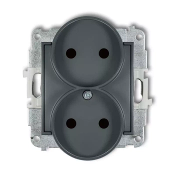 Mechanizm gniazda podwójnego do ramki bez uziemienia 2x2P z przesłonami torów Karlik seria MINI 28MGPR-2p kolor grafitowy mat