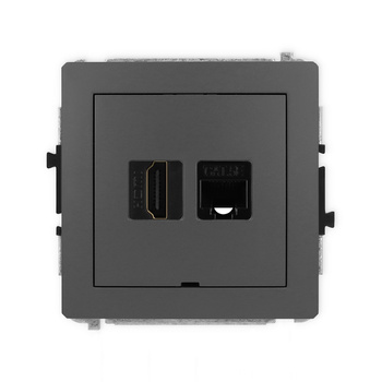 Mechanizm gniazda pojedynczego HDMI 2.0, 4K + gniazda komp. poj. 1xRJ45, kat. 5e, 8-stykowy, bez pola opisowego Karlik seria DECO 28DGHKBO-45e kolor grafitowy mat