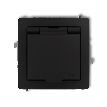 Mechanizm gniazda bryzgoszczelnego z uziemieniem 2P+Z klapka czarny mat, przesłony torów prądowych Karlik seria DECO 12DGPB-1zp kolor czarny mat