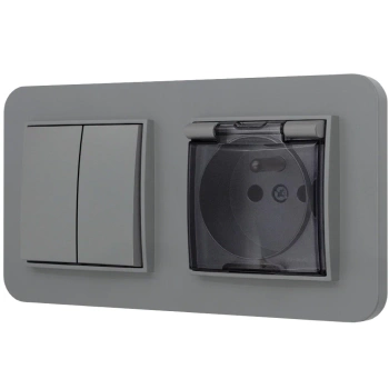 Włącznik podwójny z gniazdem hermetycznym z ramką zaokrągloną seria MINI kolor szary mat