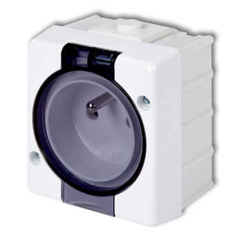 Gniazdo pojedyncze z uziemieniem 2P+Z klapka dymna Karlik seria SENIOR GHS-1d kolor biały