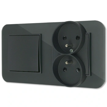 Włącznik pojedynczy z gniazdem podwójnym z ramką zaokrągloną efekt szkła seria ICON kolor grafitowy mat