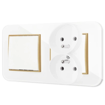 Włącznik pojedynczy z gniazdem podwójnym z ramką zaokrągloną efekt szkła seria ICON kolor biały/złoty