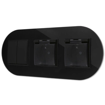 Włącznik podwójny i dwa gniazda hermetyczne z ramką okrągłą efekt szkła seria ICON kolor czarny