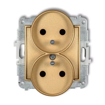 Mechanizm gniazda podwójnego do ramki z uziemieniem 2x2P+Z z przesłonami torów Karlik seria MINI 29MGPR-2zp kolor złoty