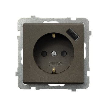 Gniazdo pojedyncze z uziemieniem schuko z przesłonami torów prądowych, z ładowarką USB seria SONATA kolor Czekoladowy metalik symbol GP-1RSPUSB/m/40
