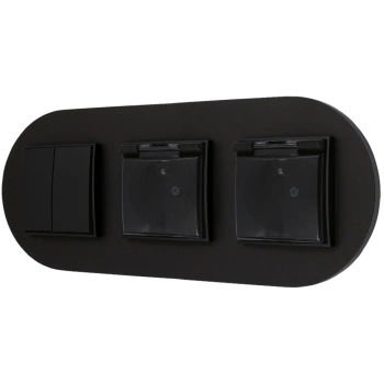 Włącznik podwójny i dwa gniazda hermetyczne z ramką okrągłą seria MINI kolor czarny mat