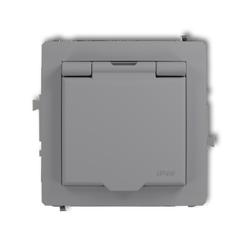 Mechanizm gniazda bryzgoszczelnego z uziemieniem 2P+Z klapka szary mat, przesłony torów prądowych Karlik seria DECO 27DGPB-1zp kolor szary mat