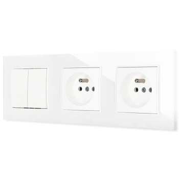 Włącznik podwójny i dwa gniazda pojedyncze z ramką kwadratową efekt szkła seria ICON kolor biały
