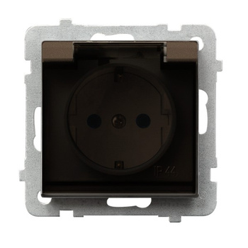 Gniazdo bryzgoszczelne z uziemieniem schuko IP-44 z przesłonami torów prądowych wieczko przezroczyste seria SONATA kolor Czekoladowy metalik symbol GPH-1RSP/m/40/d