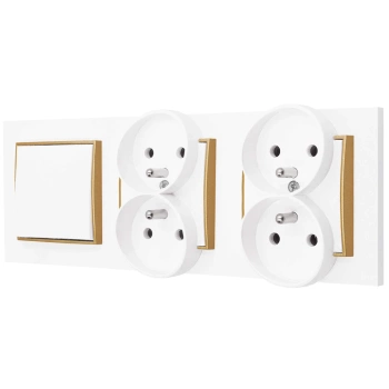 Włącznik pojedynczy i dwa gniazda podwójne z ramką prostą seria MINI kolor biały mat/złoty