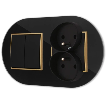 Włącznik podwójny z gniazdem podwójnym z ramką okrągłą efekt szkła seria ICON kolor czarny/złoty