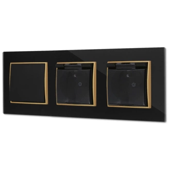 Włącznik pojedynczy i dwa gniazda hermetyczne z ramką kwadratową efekt szkła seria ICON kolor czarny/złoty