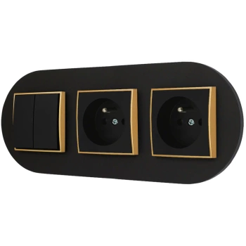 Włącznik podwójny i dwa gniazda pojedyncze z ramką okrągłą seria MINI kolor czarny złoty