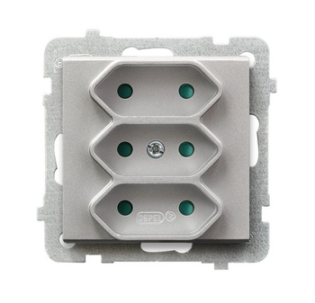 Gniazdo potrójne EURO z przesłonami torów prądowych seria SONATA kolor Srebro mat symbol GP-3RP/m/38