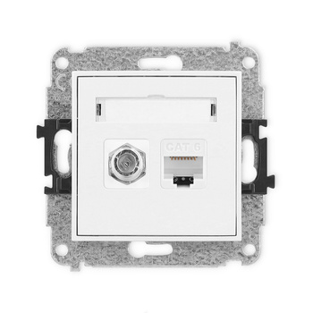 Mechanizm gniazda antenowego poj. typu F SAT + gniazda komp. poj. 1xRJ45, kat. 6, 8-stykowy Karlik seria ICON 25IGFK-3 kolor biały mat