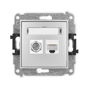 Mechanizm gniazda antenowego poj. typu F SAT + gniazda komp. poj. 1xRJ45, kat. 6, 8-stykowy Karlik seria ICON 7IGFK-3 kolor srebrny metalik