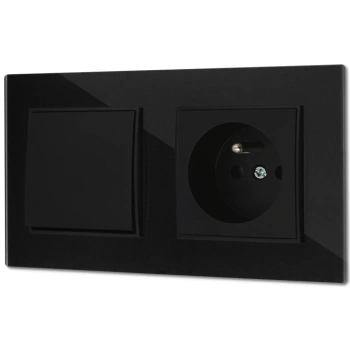 Włącznik pojedynczy z gniazdem pojedynczym z ramką kwadratową efekt szkła seria ICON kolor czarny