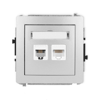 Mechanizm gniazda telefonicznego pojedynczego 1xRJ11 + komputerowego pojedynczego 1xRJ45, kat. 5e, 8-stykowy, beznarzędziowe Karlik seria DECO 7DGTK kolor srebrny metalik