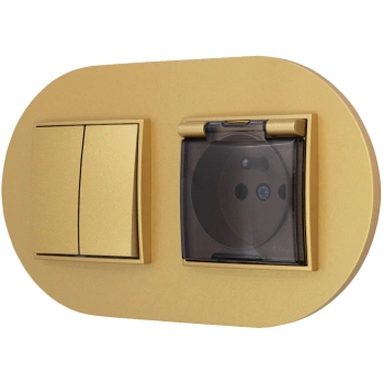 Włącznik podwójny z gniazdem hermetycznym z ramką okrągłą seria MINI kolor złoty