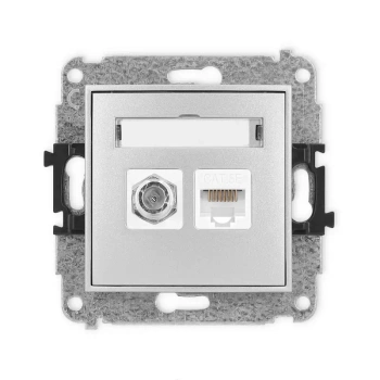 Mechanizm gniazda antenowego poj. typu F SAT + gniazda komp. poj. 1xRJ45, kat. 5e, 8-stykowy Karlik seria MINI 7MGFK-1 kolor srebrny metalik