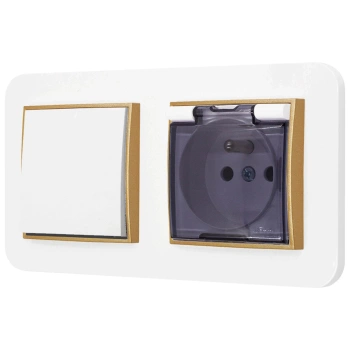 Włącznik pojedynczy z gniazdem hermetycznym z ramką zaokrągloną seria MINI kolor biały mat/złoty