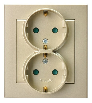 Gniazdo podwójne z uziemieniem schuko z przesłonami torów prądowych, kompletne z ramką seria SONATA kolor Szampański złoty symbol GP-2RSP/39