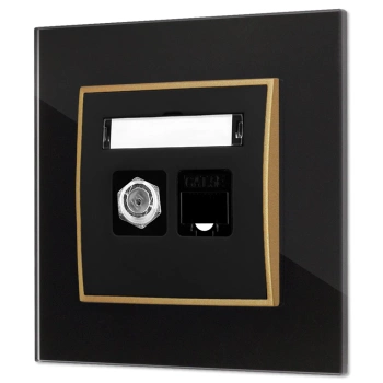 Gniazdo rj45/antenowe z ramką kwadratową efekt szkła seria ICON kolor czarny/złoty