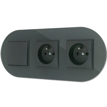 Włącznik pojedynczy i dwa gniazda pojedyncze z ramką okrągłą efekt szkła seria ICON kolor grafitowy mat