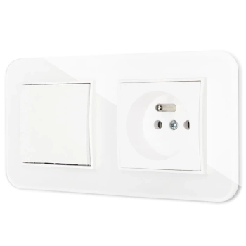 Włącznik pojedynczy z gniazdem pojedynczym z ramką zaokrągloną efekt szkła seria ICON kolor biały