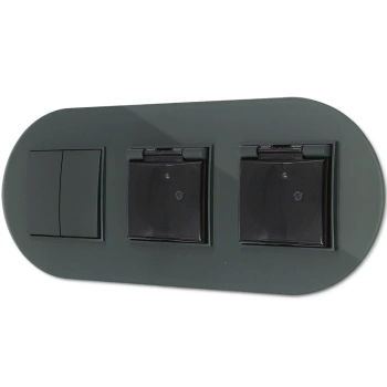 Włącznik podwójny i dwa gniazda hermetyczne z ramką okrągłą efekt szkła seria ICON kolor grafitowy mat