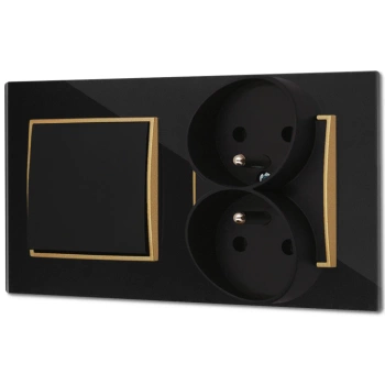 Włącznik pojedynczy z gniazdem podwójnym z ramką kwadratową efekt szkła seria ICON kolor czarny/złoty
