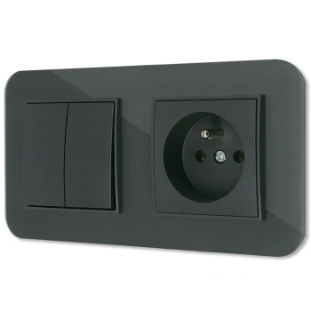 Włącznik podwójny z gniazdem pojedynczym z ramką zaokrągloną efekt szkła seria ICON kolor grafitowy mat