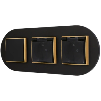 Włącznik pojedynczy i dwa gniazda hermetyczne z ramką okrągłą seria MINI kolor czarny złoty